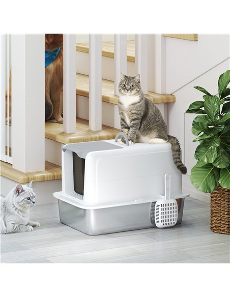 PawHut Stainless Steel Cat Litter Box with Removable Lid, Scoop, Filter Bags, for Larger Cats, White - pic 148698 | FastDaddyshop