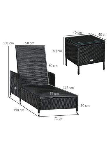 Outsunny 3-Pieces Rattan Sun Lounger, Patio Chaise Lounge Chair Set with Adjustable Backrest, Soft Cushions, Glass Top Table, Cr