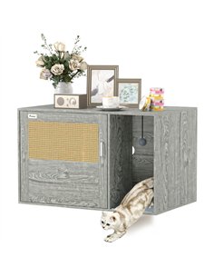PawHut Boho Style Cat Litter Box Enclosure with Rattan Door, Scratching Mat, Toy Ball, Non-slip Foot Pads, 80 x 50 x 50cm, Grey