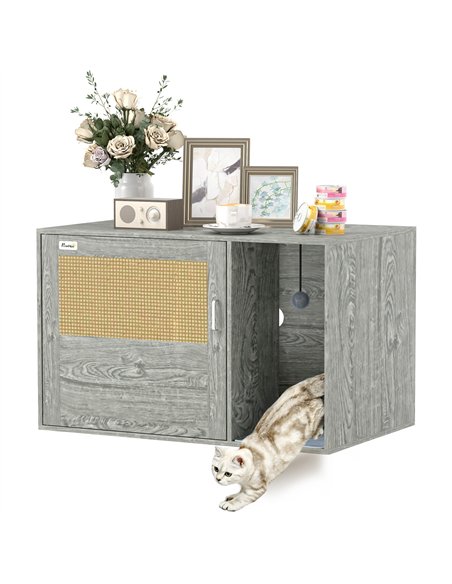 PawHut Boho Style Cat Litter Box Enclosure with Rattan Door, Scratching Mat, Toy Ball, Non-slip Foot Pads, 80 x 50 x 50cm, Grey - pic 148709 | FastDaddyshop
