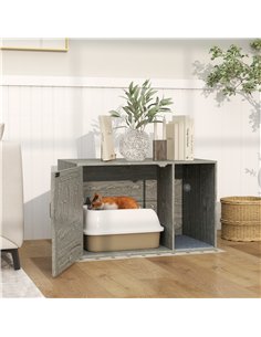 PawHut Boho Style Cat Litter Box Enclosure with Rattan Door, Scratching Mat, Toy Ball, Non-slip Foot Pads, 80 x 50 x 50cm, Grey 2