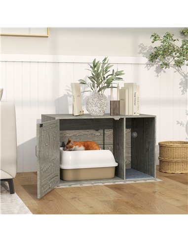 PawHut Boho Style Cat Litter Box Enclosure with Rattan Door, Scratching Mat, Toy Ball, Non-slip Foot Pads, 80 x 50 x 50cm, Grey