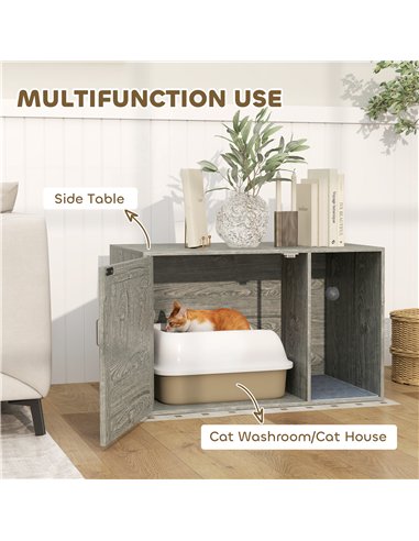 PawHut Boho Style Cat Litter Box Enclosure with Rattan Door, Scratching Mat, Toy Ball, Non-slip Foot Pads, 80 x 50 x 50cm, Grey