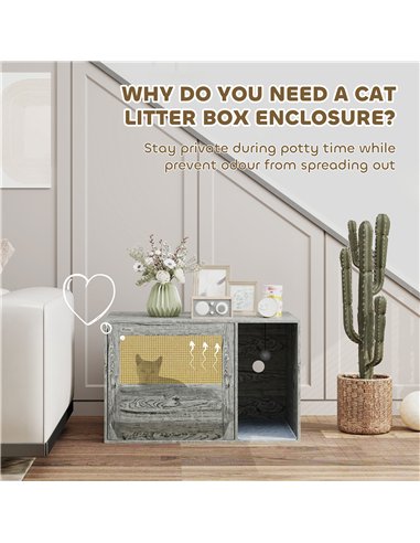 PawHut Boho Style Cat Litter Box Enclosure with Rattan Door, Scratching Mat, Toy Ball, Non-slip Foot Pads, 80 x 50 x 50cm, Grey