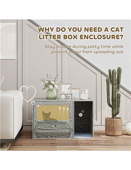 PawHut Boho Style Cat Litter Box Enclosure with Rattan Door, Scratching Mat, Toy Ball, Non-slip Foot Pads, 80 x 50 x 50cm, Grey - pic 148713 | FastDaddyshop