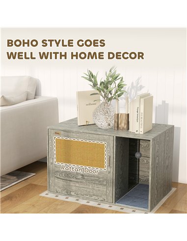 PawHut Boho Style Cat Litter Box Enclosure with Rattan Door, Scratching Mat, Toy Ball, Non-slip Foot Pads, 80 x 50 x 50cm, Grey