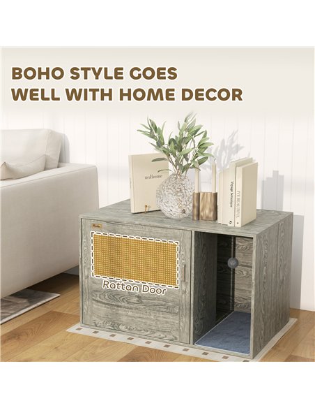 PawHut Boho Style Cat Litter Box Enclosure with Rattan Door, Scratching Mat, Toy Ball, Non-slip Foot Pads, 80 x 50 x 50cm, Grey - pic 148714 | FastDaddyshop