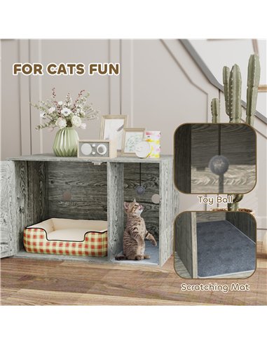 PawHut Boho Style Cat Litter Box Enclosure with Rattan Door, Scratching Mat, Toy Ball, Non-slip Foot Pads, 80 x 50 x 50cm, Grey