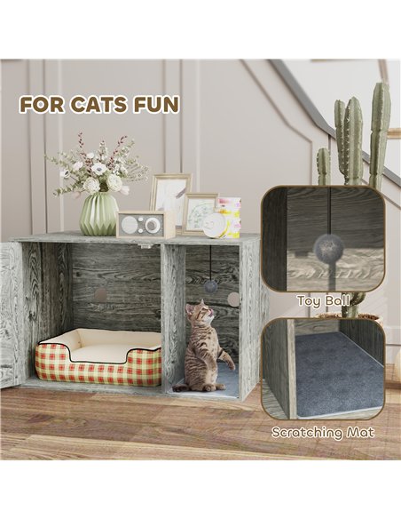 PawHut Boho Style Cat Litter Box Enclosure with Rattan Door, Scratching Mat, Toy Ball, Non-slip Foot Pads, 80 x 50 x 50cm, Grey - pic 148715 | FastDaddyshop