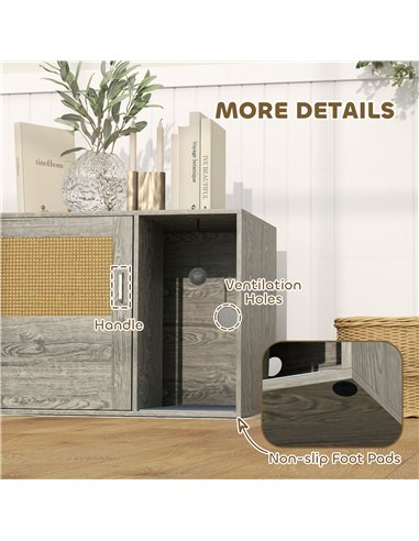 PawHut Boho Style Cat Litter Box Enclosure with Rattan Door, Scratching Mat, Toy Ball, Non-slip Foot Pads, 80 x 50 x 50cm, Grey