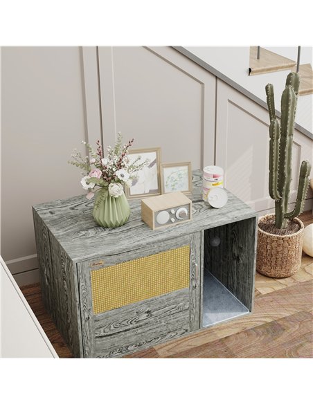 PawHut Boho Style Cat Litter Box Enclosure with Rattan Door, Scratching Mat, Toy Ball, Non-slip Foot Pads, 80 x 50 x 50cm, Grey - pic 148717 | FastDaddyshop
