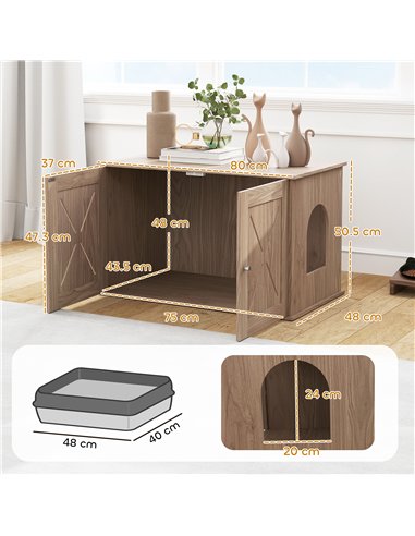 PawHut Cat Litter Box Enclosure with Double Doors and Side Entrance, Non-Slip Pads for Living Room, Walnut Brown