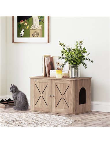 PawHut Cat Litter Box Enclosure with Double Doors and Side Entrance, Non-Slip Pads for Living Room, Walnut Brown