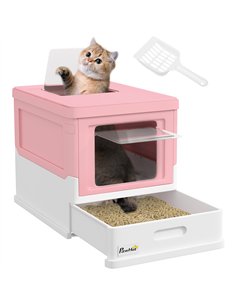 PawHut Hooded Cat Litter Box, Portable Pet Toilet, with Scoop, Front Entry - Pink