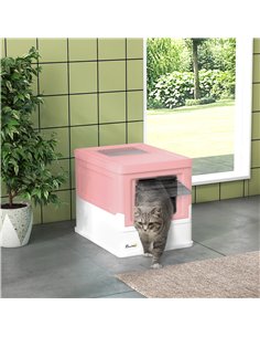 PawHut Hooded Cat Litter Box, Portable Pet Toilet, with Scoop, Front Entry - Pink 2