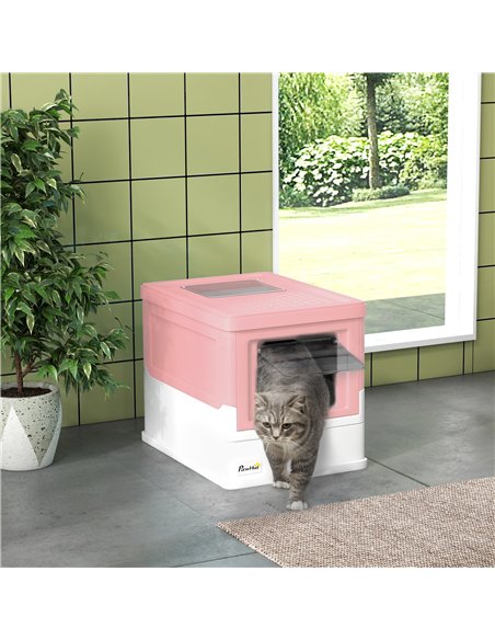 PawHut Hooded Cat Litter Box, Portable Pet Toilet, with Scoop, Front Entry - Pink - pic 148728 | FastDaddyshop