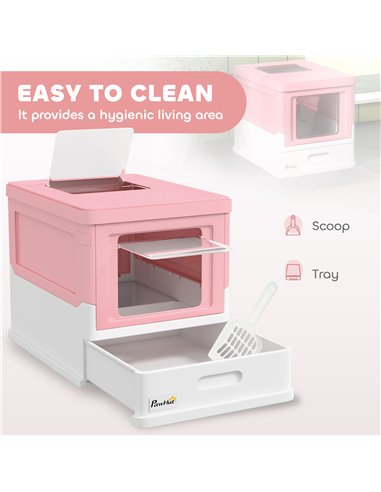 PawHut Hooded Cat Litter Box, Portable Pet Toilet, with Scoop, Front Entry - Pink