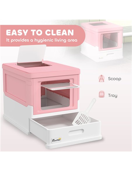 PawHut Hooded Cat Litter Box, Portable Pet Toilet, with Scoop, Front Entry - Pink - pic 148730 | FastDaddyshop