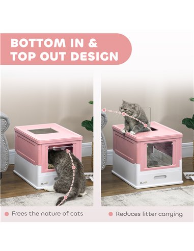 PawHut Hooded Cat Litter Box, Portable Pet Toilet, with Scoop, Front Entry - Pink