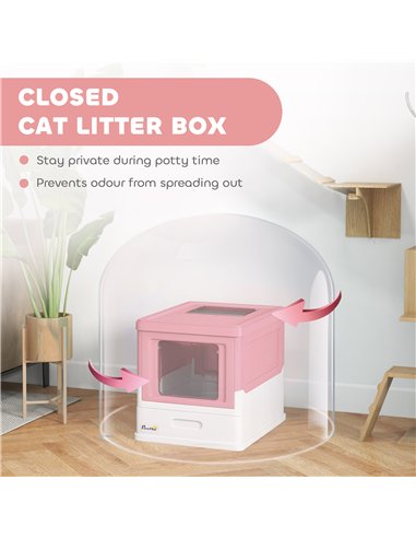 PawHut Hooded Cat Litter Box, Portable Pet Toilet, with Scoop, Front Entry - Pink