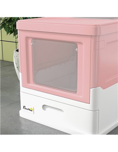PawHut Hooded Cat Litter Box, Portable Pet Toilet, with Scoop, Front Entry - Pink