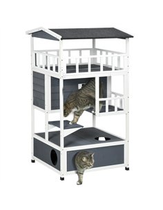 PawHut Wooden Outdoor Cat House 3-Tier for Winter Kitten Shelter Lodge w/ Tilted Roof Terrace Jump Step Bottom Tray Elevated Bas
