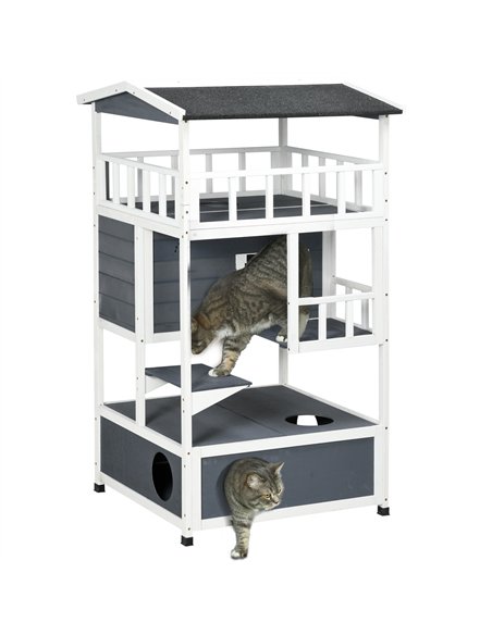PawHut Wooden Outdoor Cat House 3-Tier for Winter Kitten Shelter Lodge w/ Tilted Roof Terrace Jump Step Bottom Tray Elevated Bas - pic 148763 | FastDaddyshop