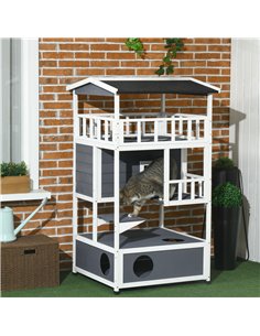 PawHut Wooden Outdoor Cat House 3-Tier for Winter Kitten Shelter Lodge w/ Tilted Roof Terrace Jump Step Bottom Tray Elevated Bas 2