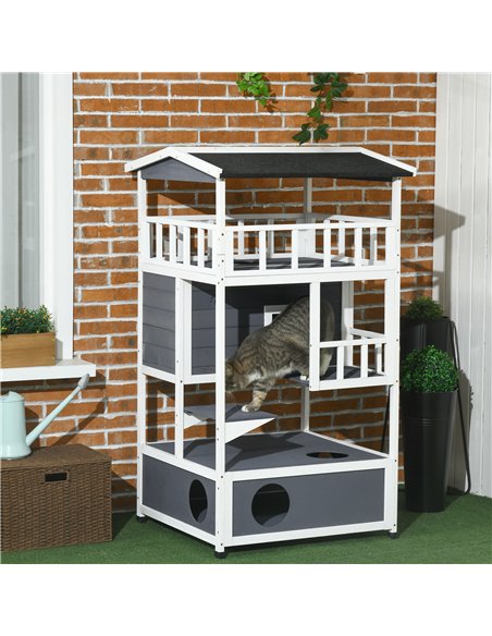 PawHut Wooden Outdoor Cat House 3-Tier for Winter Kitten Shelter Lodge w/ Tilted Roof Terrace Jump Step Bottom Tray Elevated Bas - pic 148764 | FastDaddyshop