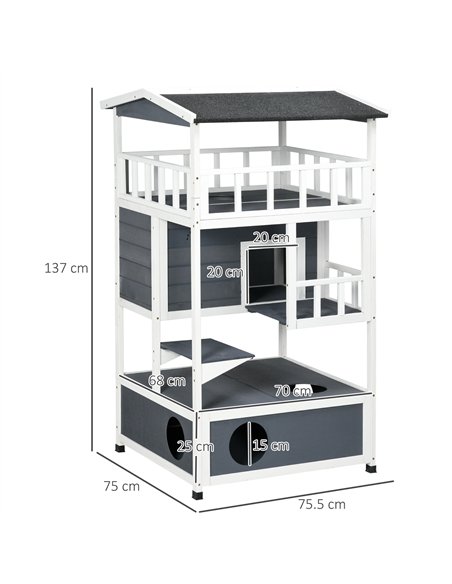 PawHut Wooden Outdoor Cat House 3-Tier for Winter Kitten Shelter Lodge w/ Tilted Roof Terrace Jump Step Bottom Tray Elevated Bas - pic 148765 | FastDaddyshop