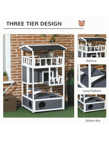 PawHut Wooden Outdoor Cat House 3-Tier for Winter Kitten Shelter Lodge w/ Tilted Roof Terrace Jump Step Bottom Tray Elevated Bas