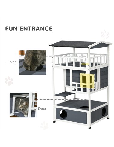 PawHut Wooden Outdoor Cat House 3-Tier for Winter Kitten Shelter Lodge w/ Tilted Roof Terrace Jump Step Bottom Tray Elevated Bas