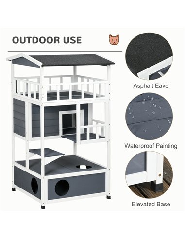 PawHut Wooden Outdoor Cat House 3-Tier for Winter Kitten Shelter Lodge w/ Tilted Roof Terrace Jump Step Bottom Tray Elevated Bas