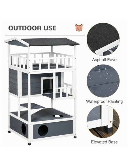 PawHut Wooden Outdoor Cat House 3-Tier for Winter Kitten Shelter Lodge w/ Tilted Roof Terrace Jump Step Bottom Tray Elevated Bas - pic 148768 | FastDaddyshop