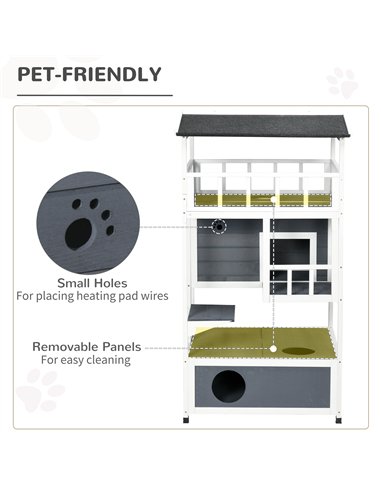 PawHut Wooden Outdoor Cat House 3-Tier for Winter Kitten Shelter Lodge w/ Tilted Roof Terrace Jump Step Bottom Tray Elevated Bas