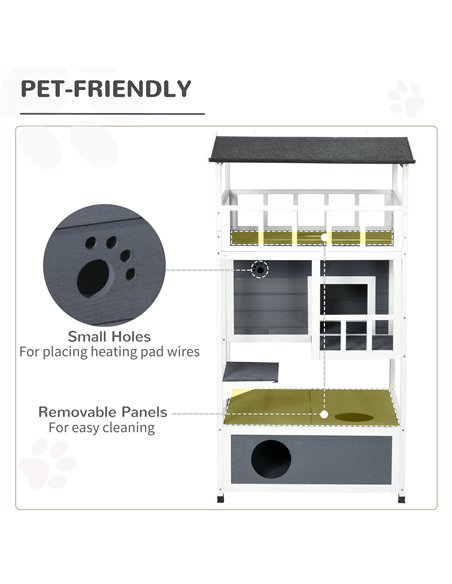 PawHut Wooden Outdoor Cat House 3-Tier for Winter Kitten Shelter Lodge w/ Tilted Roof Terrace Jump Step Bottom Tray Elevated Bas - pic 148769 | FastDaddyshop