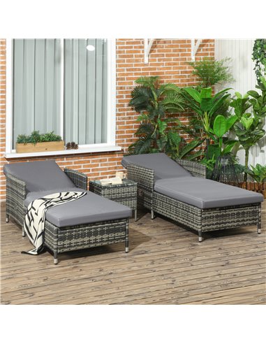 Outsunny 3-Pieces Rattan Sun Lounger Set with Soft Cushions, Glass Top Table, Grey