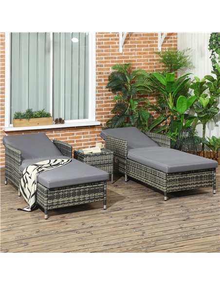 Outsunny 3-Pieces Rattan Sun Lounger Set with Soft Cushions, Glass Top Table, Grey - pic 14877 | FastDaddyshop