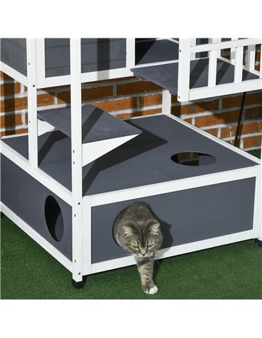PawHut Wooden Outdoor Cat House 3-Tier for Winter Kitten Shelter Lodge w/ Tilted Roof Terrace Jump Step Bottom Tray Elevated Bas