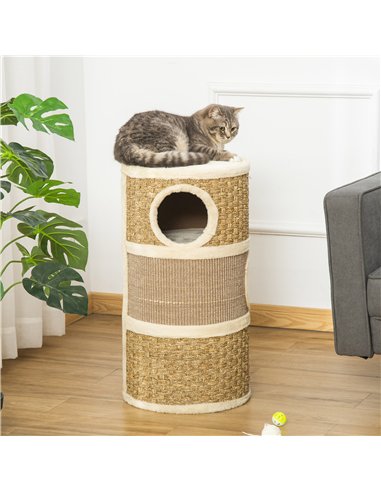PawHut Cat Scratching Barrel Kitten Tree Tower for Indoor Cats Pet Furniture Climbing Frame Covered with Sisal and Seaweed Rope 