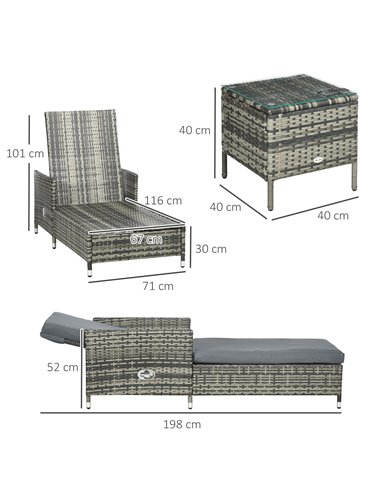 Outsunny 3-Pieces Rattan Sun Lounger Set with Soft Cushions, Glass Top Table, Grey