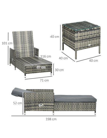 Outsunny 3-Pieces Rattan Sun Lounger Set with Soft Cushions, Glass Top Table, Grey - pic 14878 | FastDaddyshop