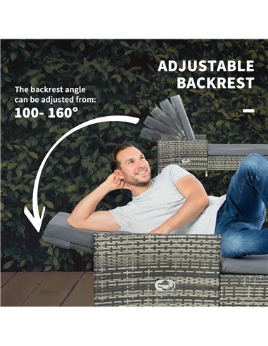 Outsunny 3-Pieces Rattan Sun Lounger Set with Soft Cushions, Glass Top Table, Grey