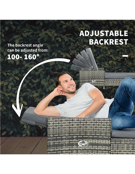 Outsunny 3-Pieces Rattan Sun Lounger Set with Soft Cushions, Glass Top Table, Grey - pic 14879 | FastDaddyshop