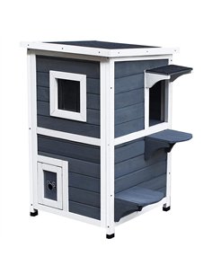 PawHut Wooden Cat House 2-Floor Outdoor Kitten Shelter with Window Grey