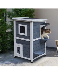 PawHut Wooden Cat House 2-Floor Outdoor Kitten Shelter with Window Grey 2