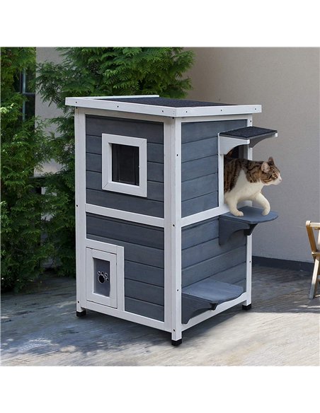 PawHut Wooden Cat House 2-Floor Outdoor Kitten Shelter with Window Grey - pic 148800 | FastDaddyshop