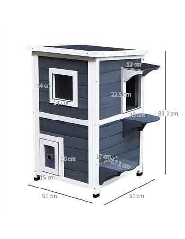 PawHut Wooden Cat House 2-Floor Outdoor Kitten Shelter with Window Grey