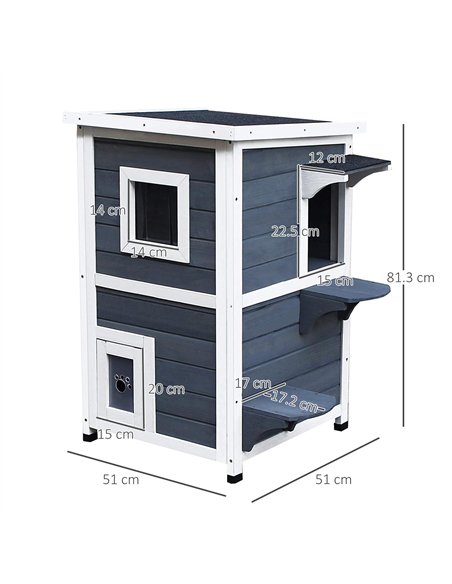 PawHut Wooden Cat House 2-Floor Outdoor Kitten Shelter with Window Grey - pic 148801 | FastDaddyshop