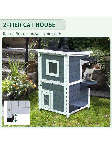 PawHut Wooden Cat House 2-Floor Outdoor Kitten Shelter with Window Grey - pic 148803 | FastDaddyshop